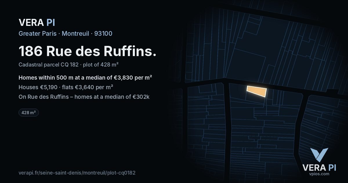 186 Rue des Ruffins, Montreuil at night – the plot lit, the parcels around coloured by the prices near them
