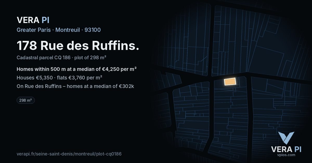 178 Rue des Ruffins, Montreuil at night – the plot lit, the parcels around coloured by the prices near them