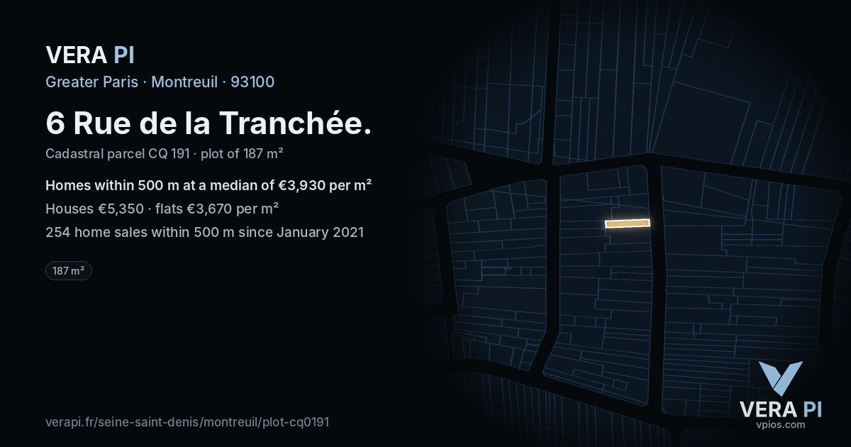 6 Rue de la Tranchée, Montreuil at night – the plot lit, the parcels around coloured by the prices near them