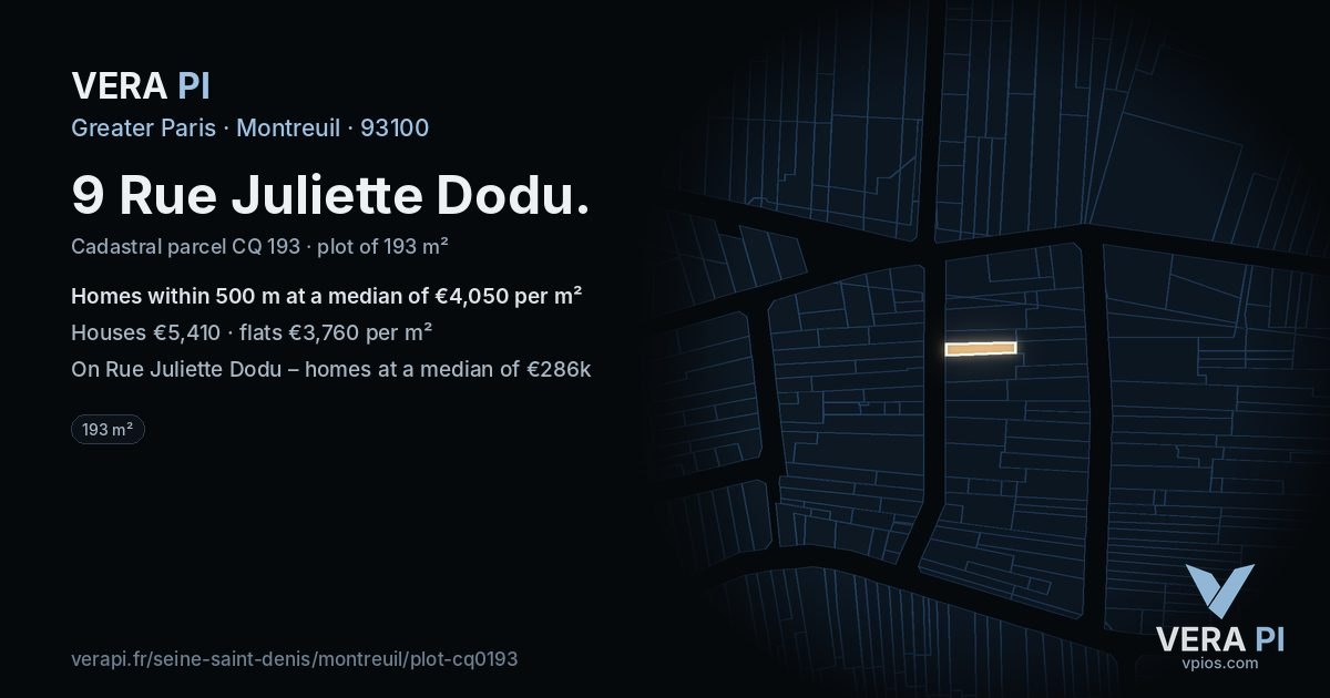 9 Rue Juliette Dodu, Montreuil at night – the plot lit, the parcels around coloured by the prices near them