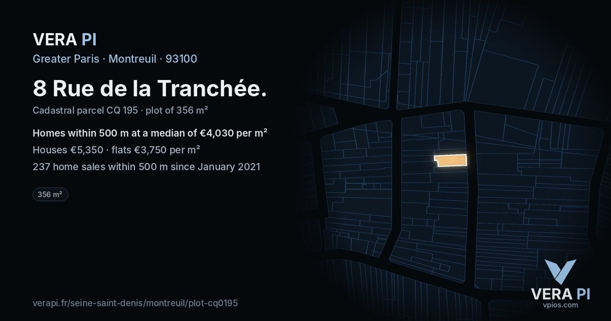 8 Rue de la Tranchée, Montreuil at night – the plot lit, the parcels around coloured by the prices near them