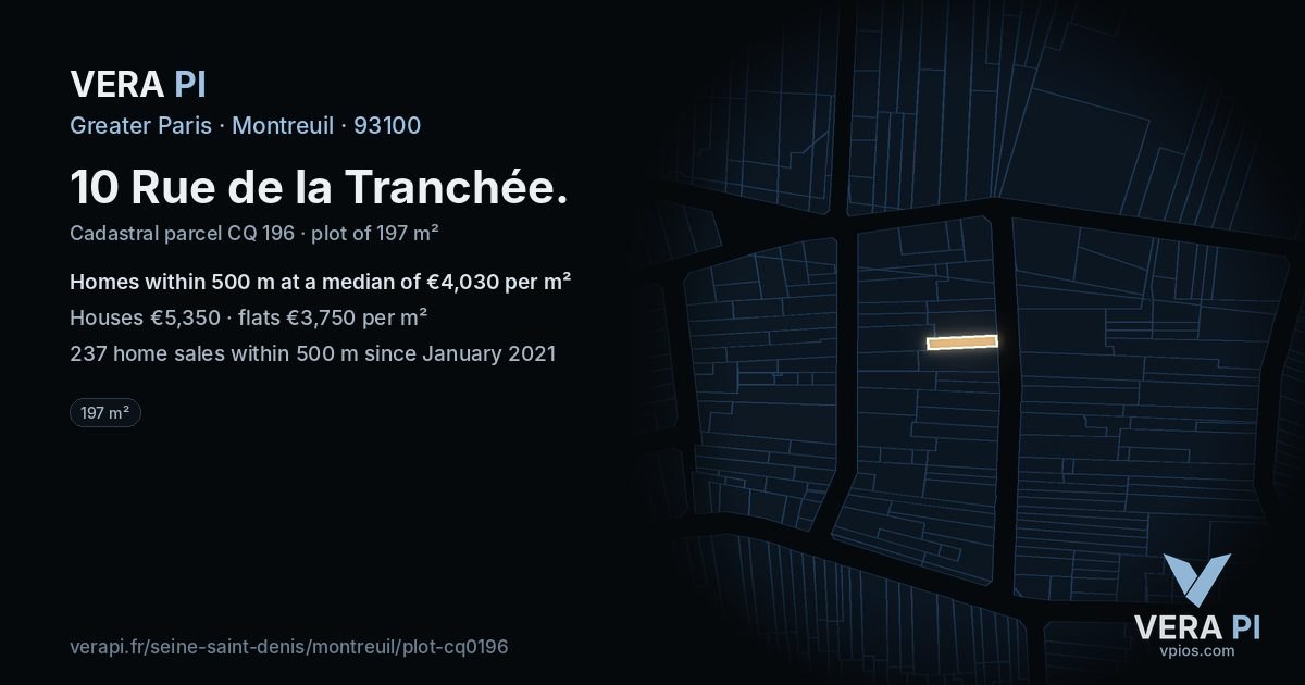 10 Rue de la Tranchée, Montreuil at night – the plot lit, the parcels around coloured by the prices near them