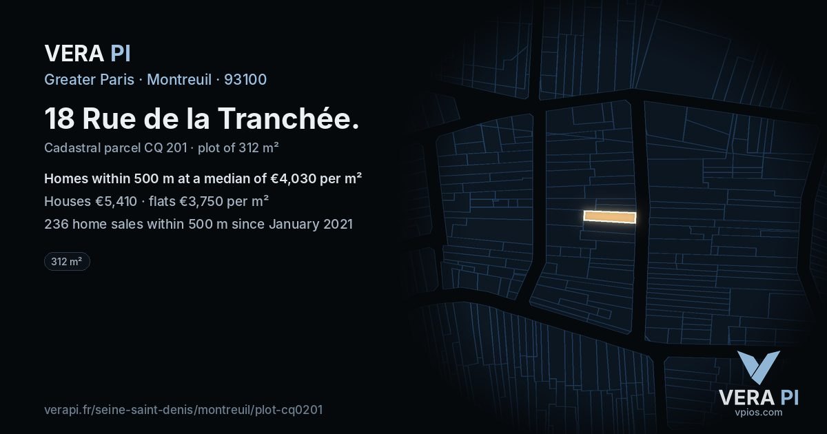 18 Rue de la Tranchée, Montreuil at night – the plot lit, the parcels around coloured by the prices near them