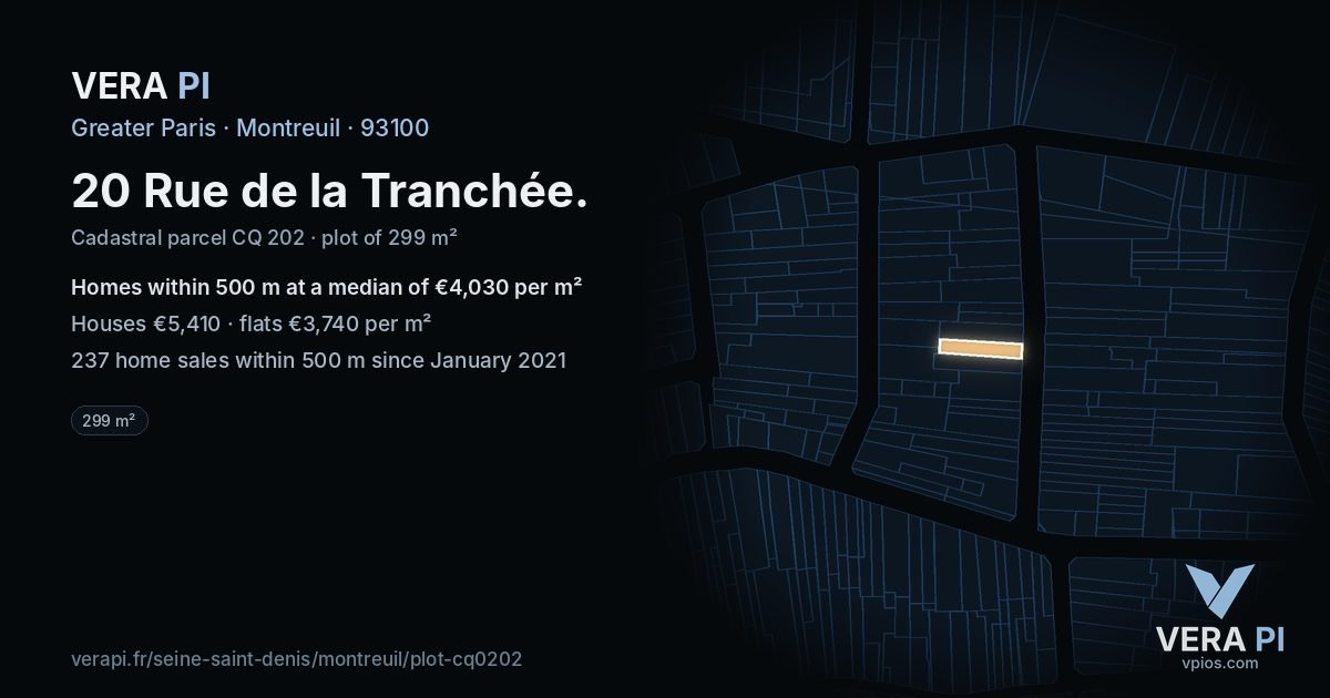 20 Rue de la Tranchée, Montreuil at night – the plot lit, the parcels around coloured by the prices near them