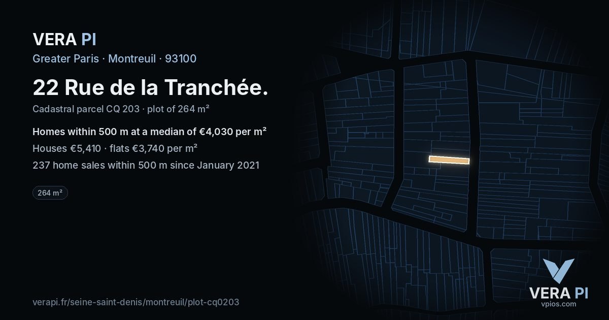 22 Rue de la Tranchée, Montreuil at night – the plot lit, the parcels around coloured by the prices near them