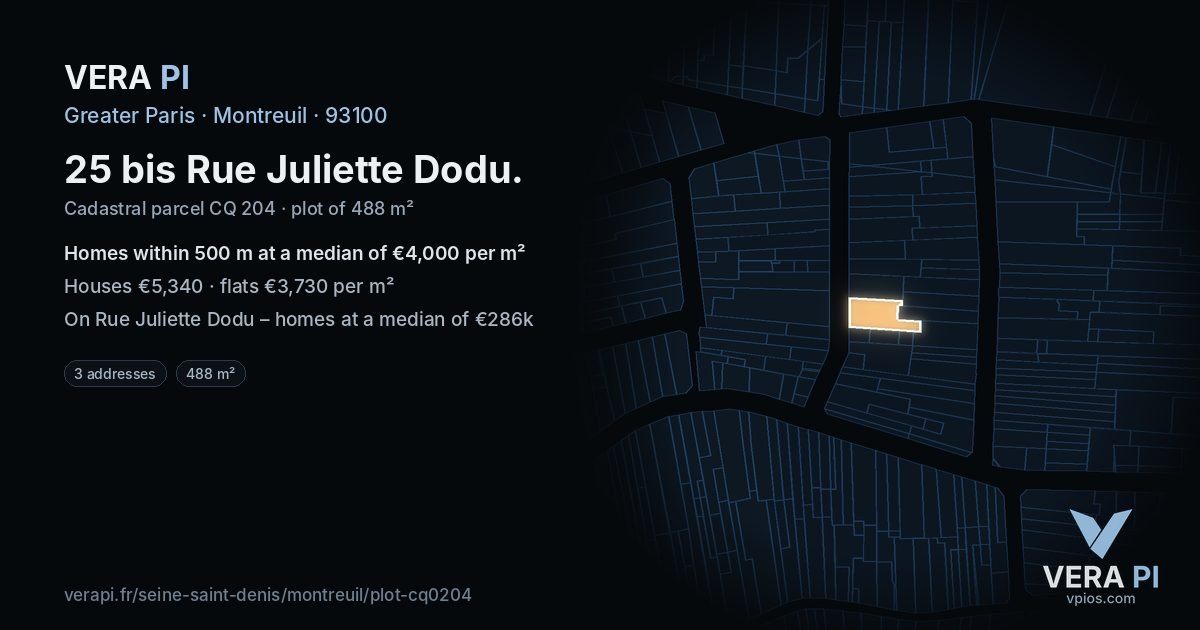 25 bis Rue Juliette Dodu, Montreuil at night – the plot lit, the parcels around coloured by the prices near them