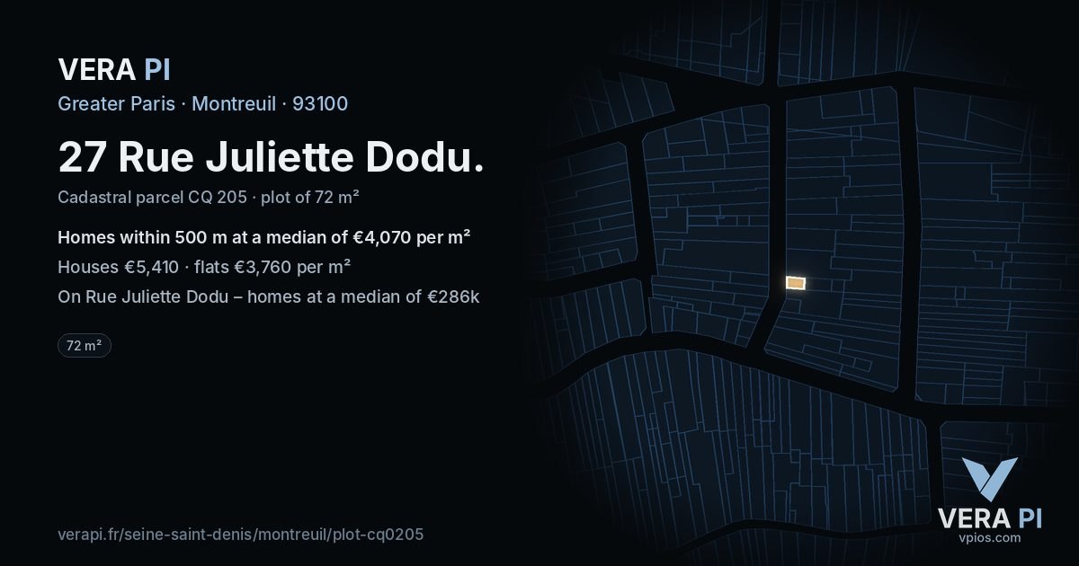 27 Rue Juliette Dodu, Montreuil at night – the plot lit, the parcels around coloured by the prices near them