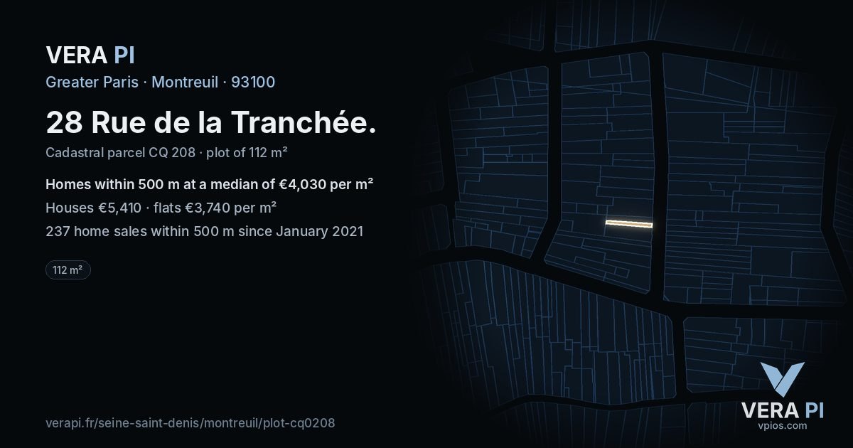 28 Rue de la Tranchée, Montreuil at night – the plot lit, the parcels around coloured by the prices near them