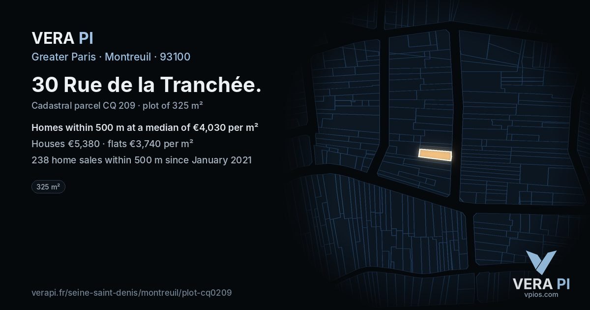 30 Rue de la Tranchée, Montreuil at night – the plot lit, the parcels around coloured by the prices near them