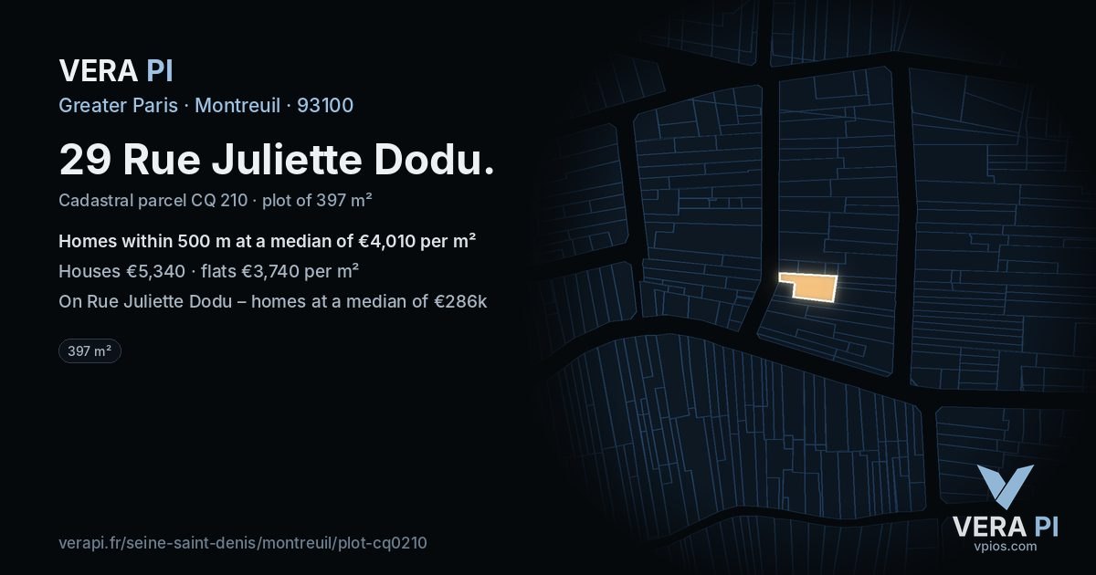 29 Rue Juliette Dodu, Montreuil at night – the plot lit, the parcels around coloured by the prices near them