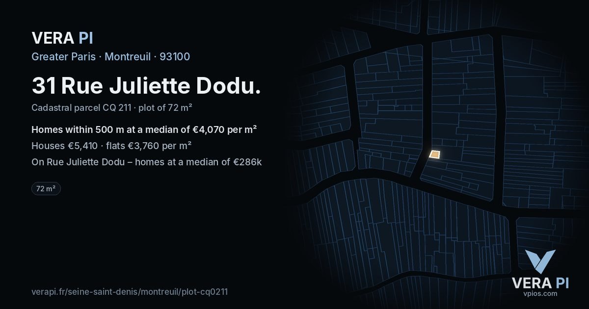 31 Rue Juliette Dodu, Montreuil at night – the plot lit, the parcels around coloured by the prices near them