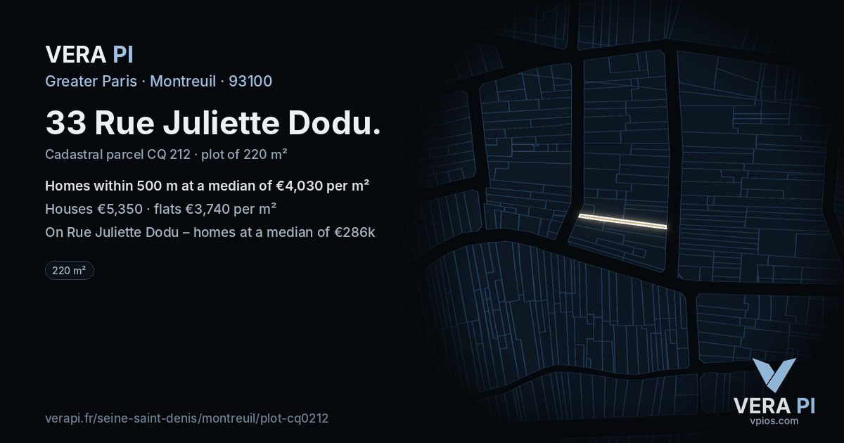 33 Rue Juliette Dodu, Montreuil at night – the plot lit, the parcels around coloured by the prices near them