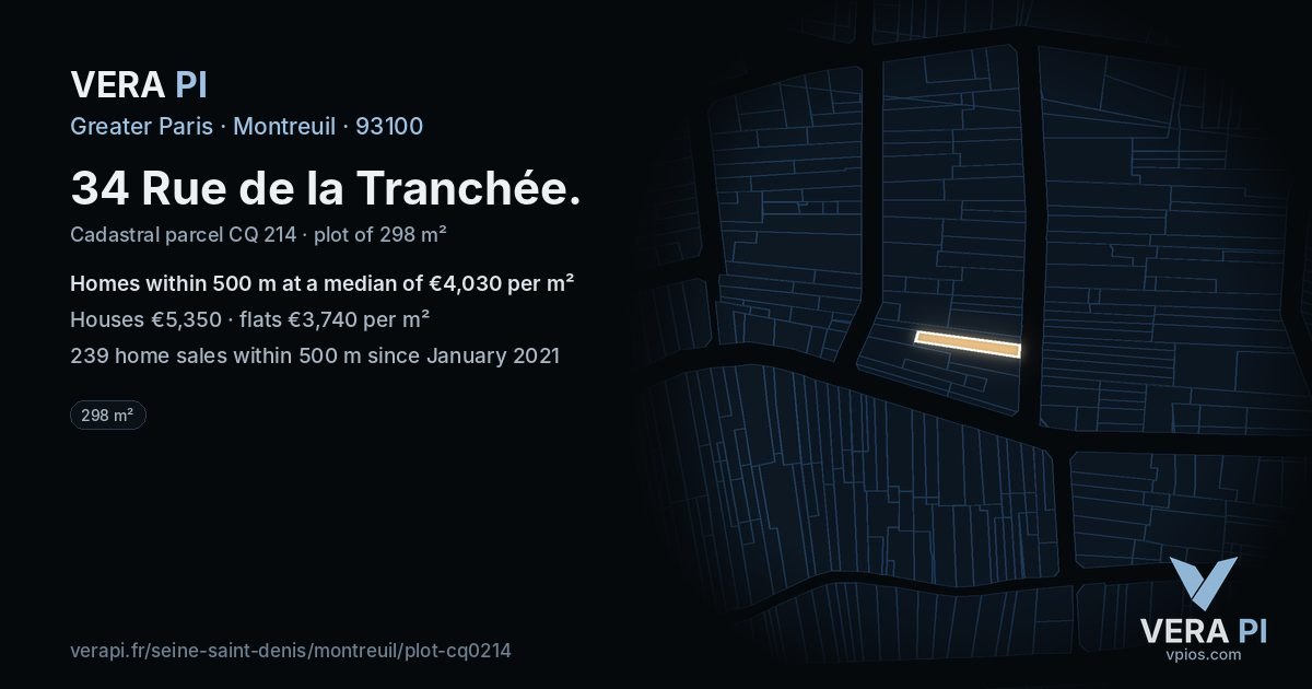 34 Rue de la Tranchée, Montreuil at night – the plot lit, the parcels around coloured by the prices near them