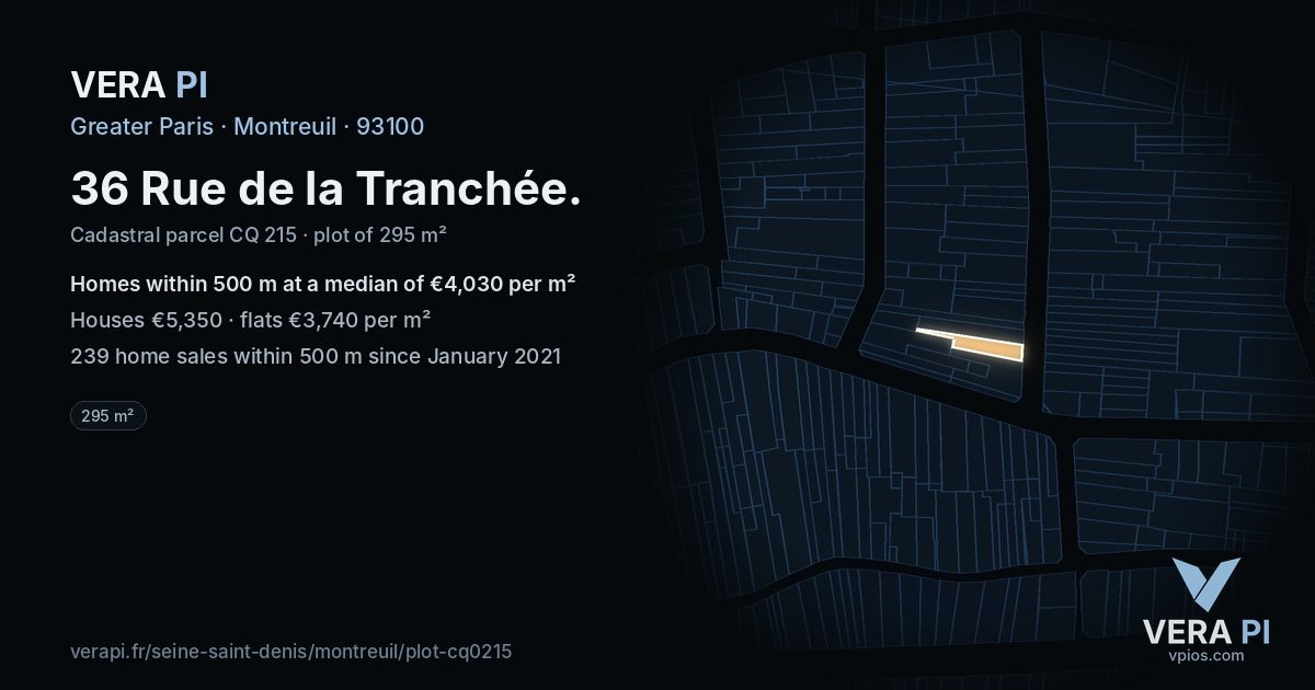 36 Rue de la Tranchée, Montreuil at night – the plot lit, the parcels around coloured by the prices near them