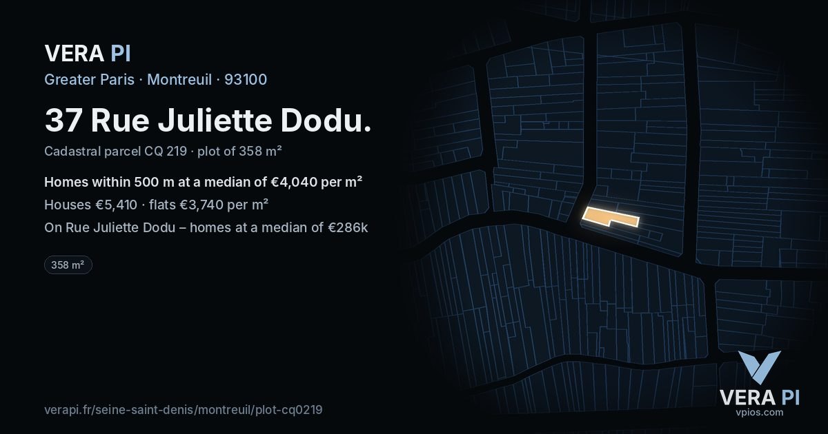 37 Rue Juliette Dodu, Montreuil at night – the plot lit, the parcels around coloured by the prices near them