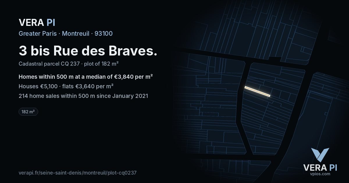 3 bis Rue des Braves, Montreuil at night – the plot lit, the parcels around coloured by the prices near them