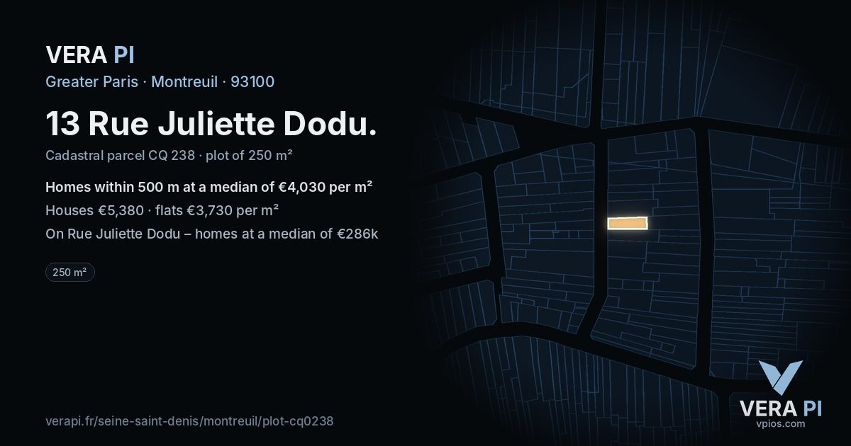 13 Rue Juliette Dodu, Montreuil at night – the plot lit, the parcels around coloured by the prices near them