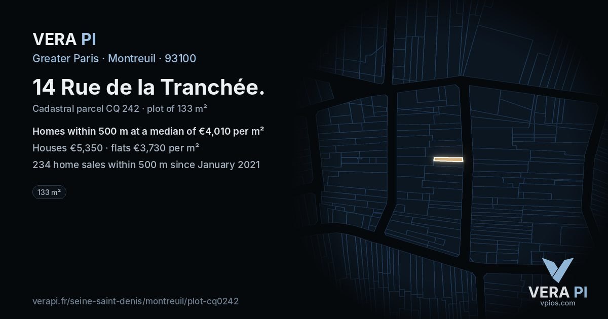 14 Rue de la Tranchée, Montreuil at night – the plot lit, the parcels around coloured by the prices near them