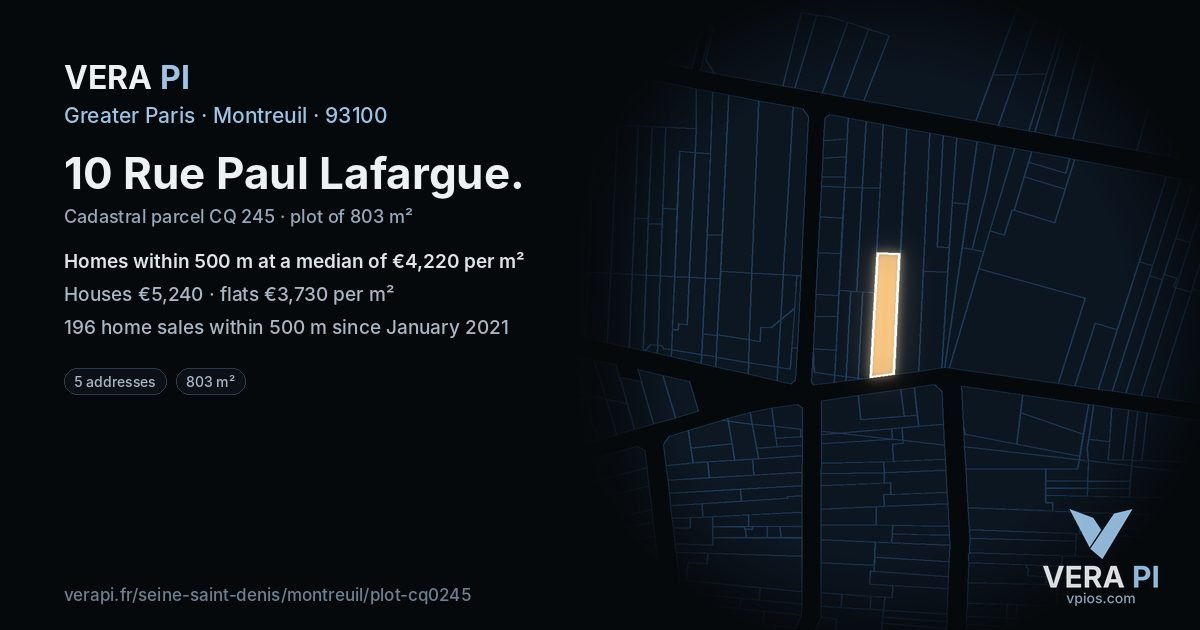 10 Rue Paul Lafargue, Montreuil at night – the plot lit, the parcels around coloured by the prices near them