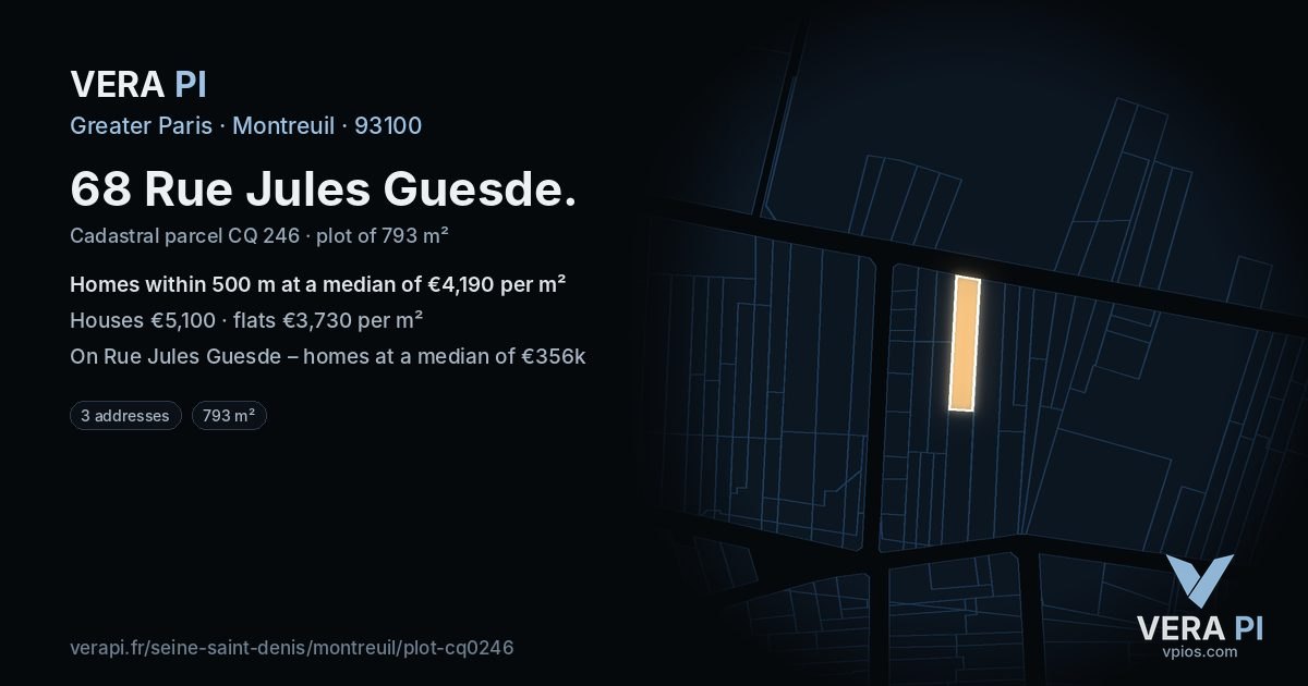 68 Rue Jules Guesde, Montreuil at night – the plot lit, the parcels around coloured by the prices near them