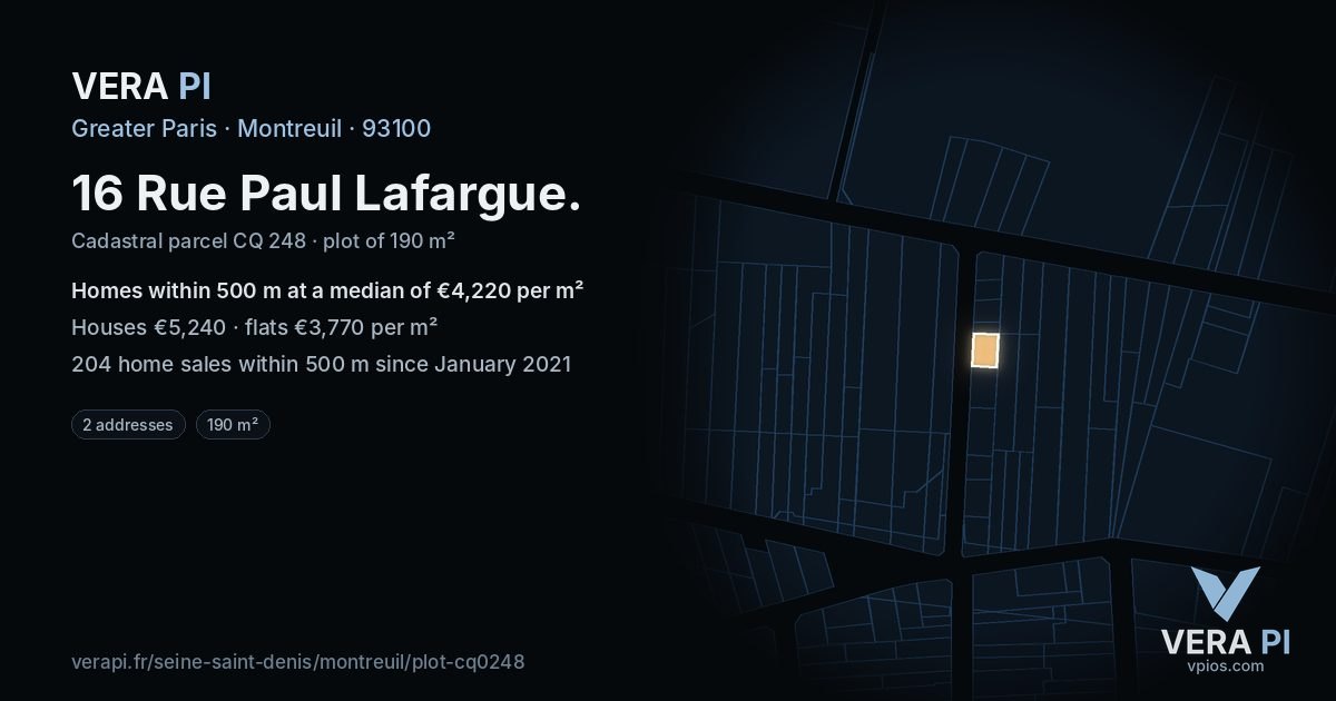 16 Rue Paul Lafargue, Montreuil at night – the plot lit, the parcels around coloured by the prices near them