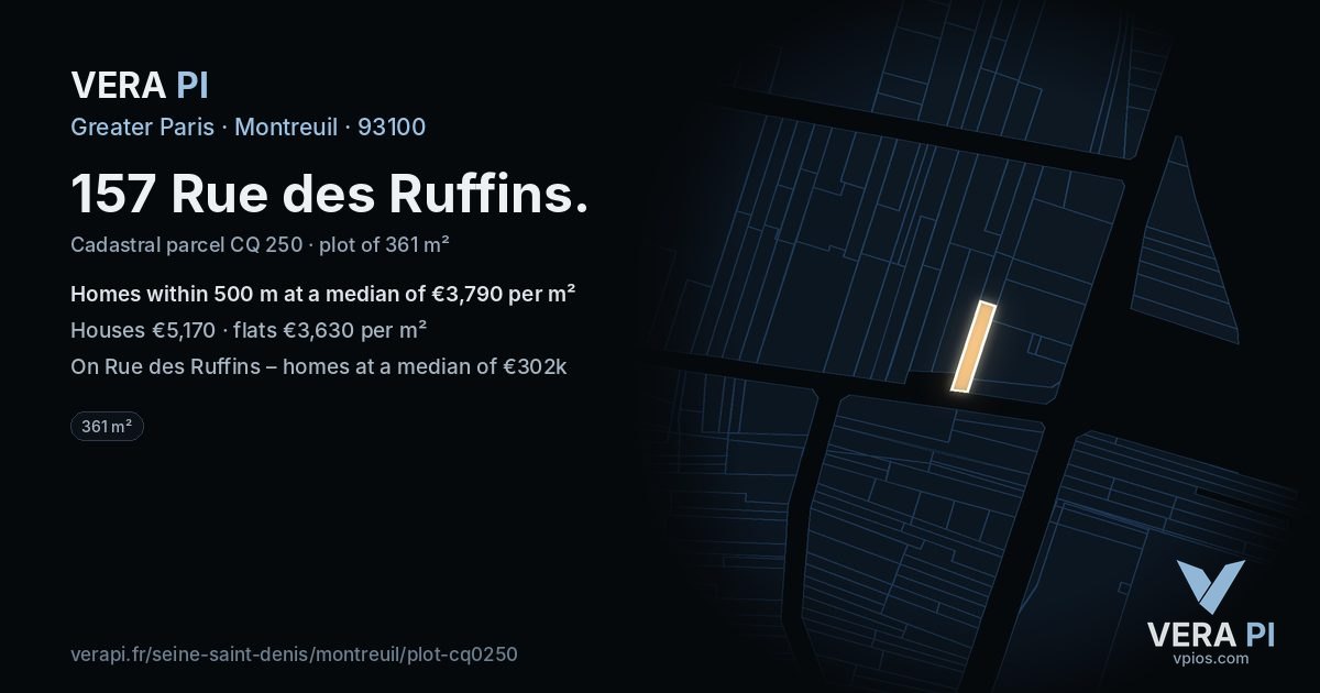 157 Rue des Ruffins, Montreuil at night – the plot lit, the parcels around coloured by the prices near them