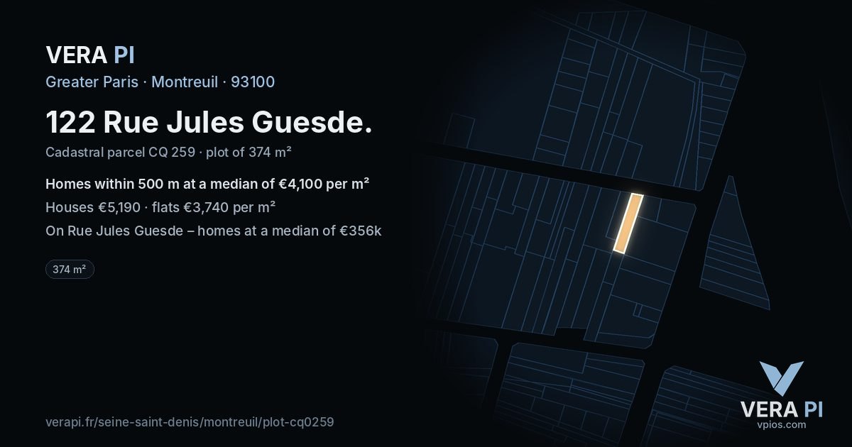 122 Rue Jules Guesde, Montreuil at night – the plot lit, the parcels around coloured by the prices near them