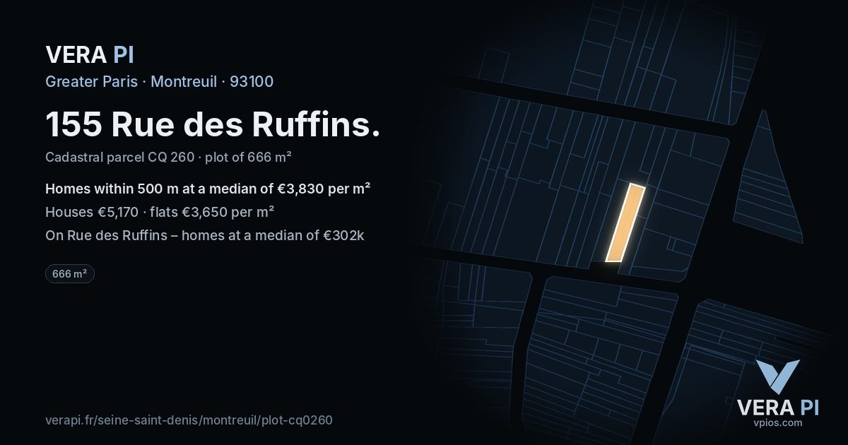 155 Rue des Ruffins, Montreuil at night – the plot lit, the parcels around coloured by the prices near them
