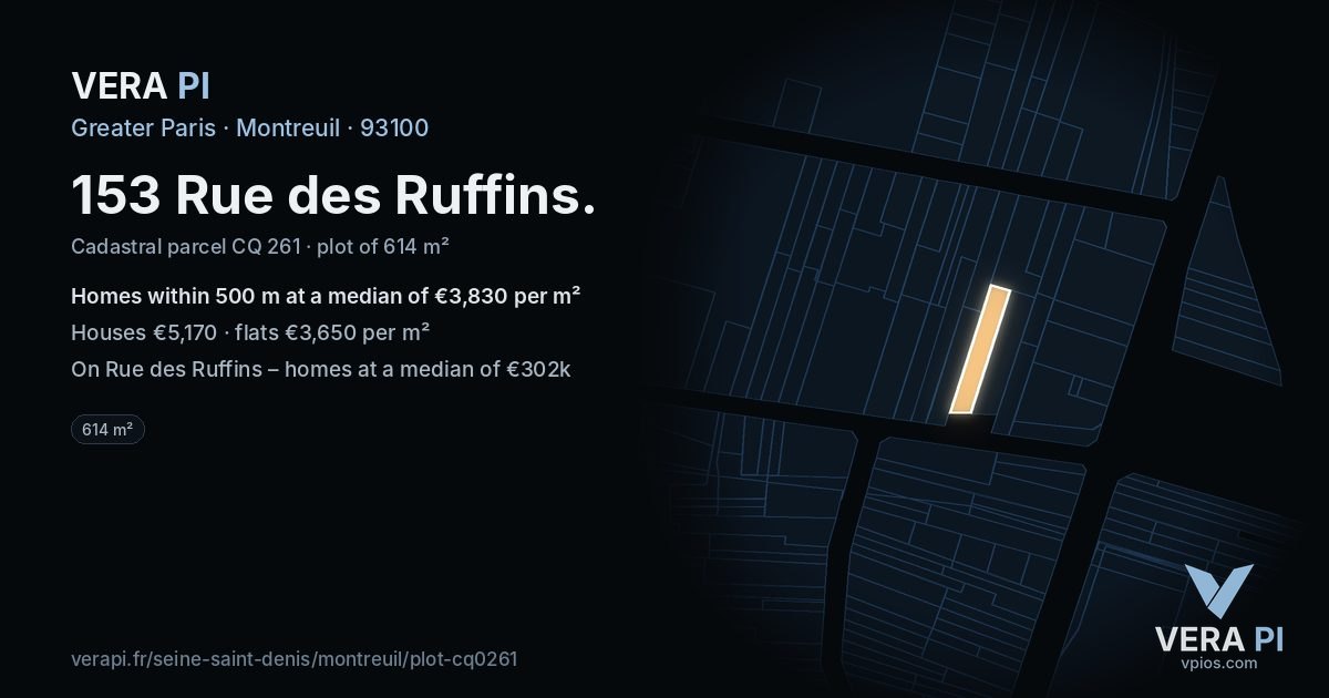 153 Rue des Ruffins, Montreuil at night – the plot lit, the parcels around coloured by the prices near them