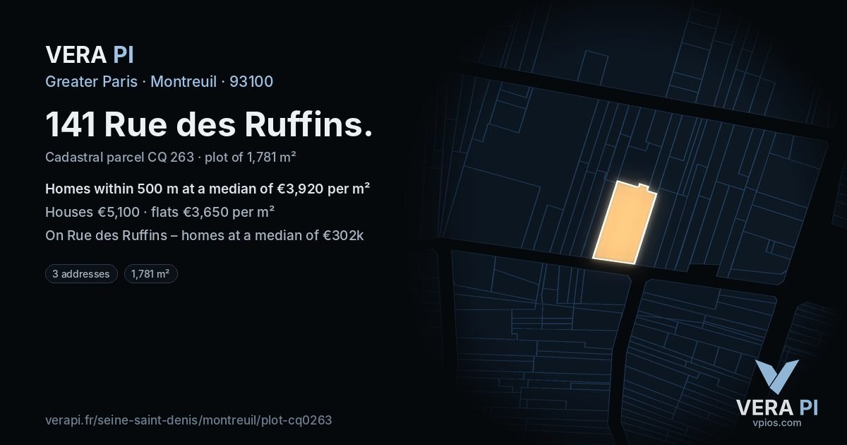 141 Rue des Ruffins, Montreuil at night – the plot lit, the parcels around coloured by the prices near them