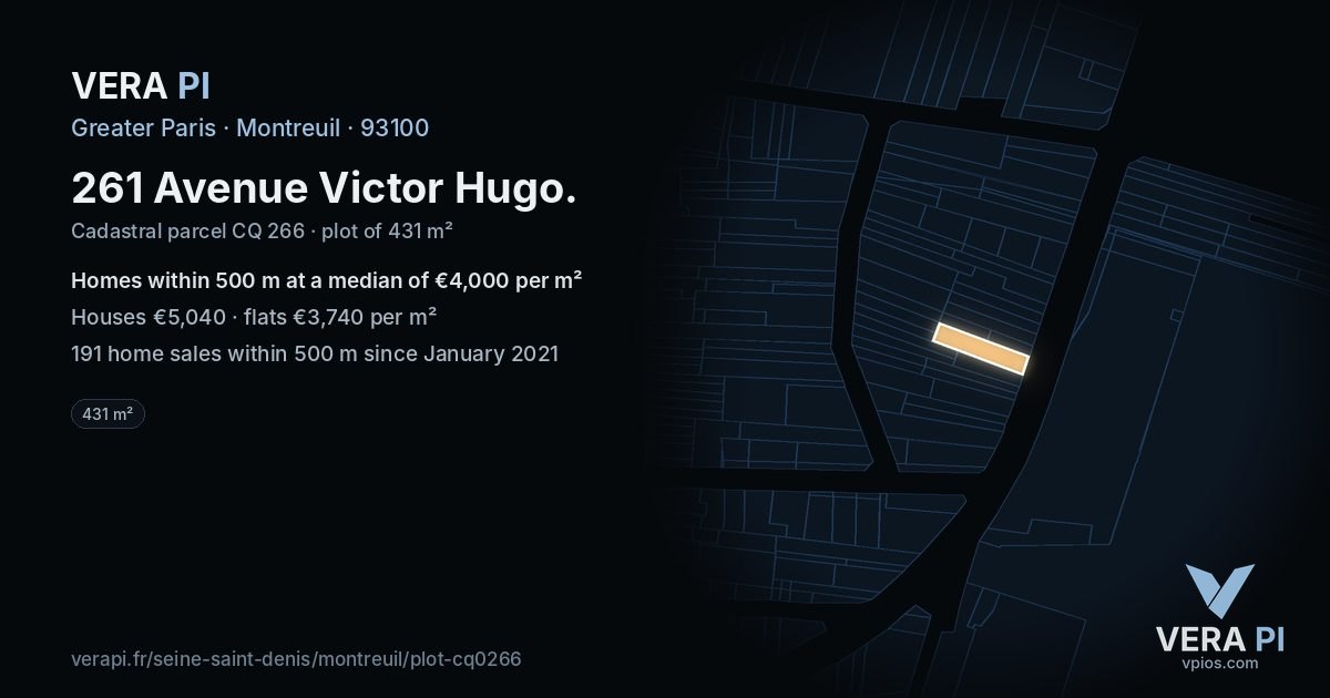 261 Avenue Victor Hugo, Montreuil at night – the plot lit, the parcels around coloured by the prices near them