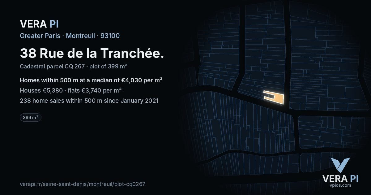38 Rue de la Tranchée, Montreuil at night – the plot lit, the parcels around coloured by the prices near them