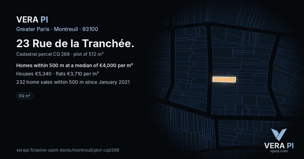 23 Rue de la Tranchée, Montreuil at night – the plot lit, the parcels around coloured by the prices near them