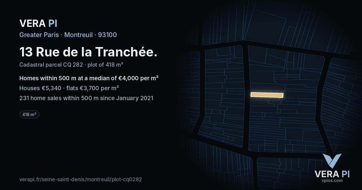 13 Rue de la Tranchée, Montreuil at night – the plot lit, the parcels around coloured by the prices near them