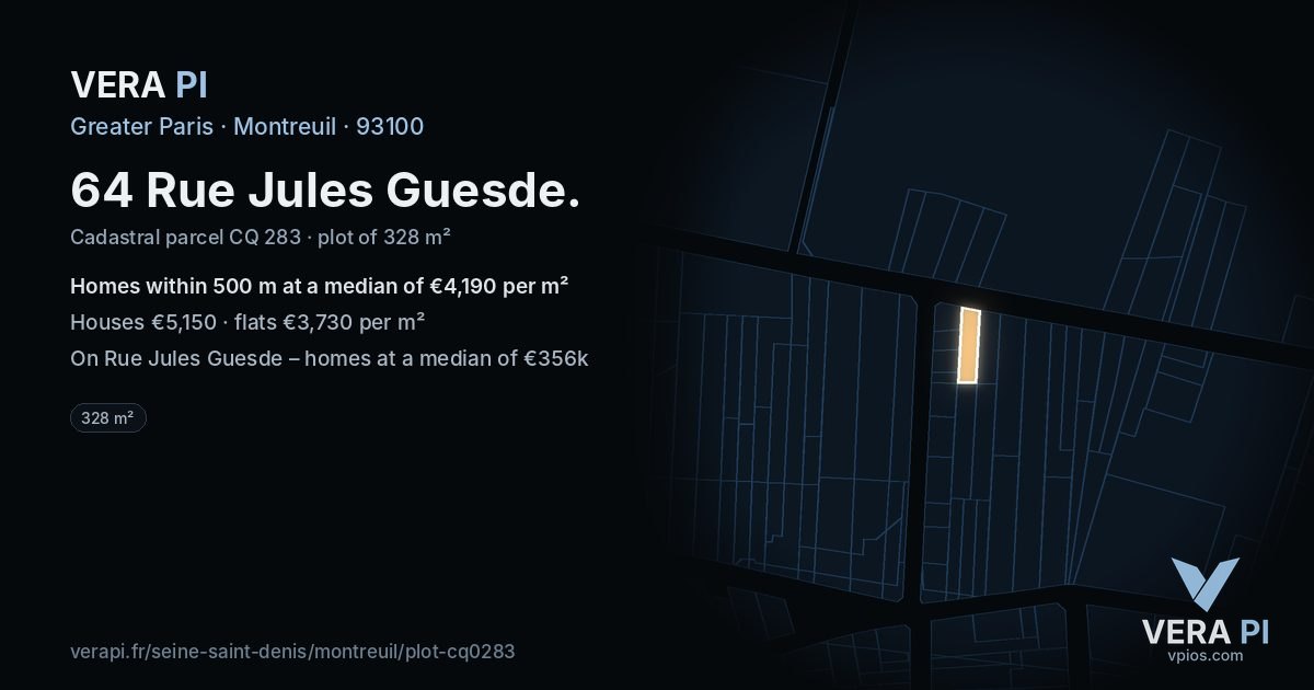 64 Rue Jules Guesde, Montreuil at night – the plot lit, the parcels around coloured by the prices near them