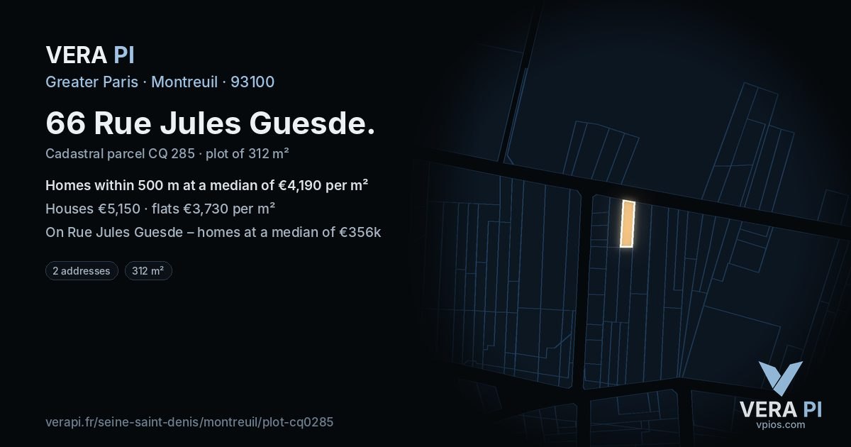 66 Rue Jules Guesde, Montreuil at night – the plot lit, the parcels around coloured by the prices near them