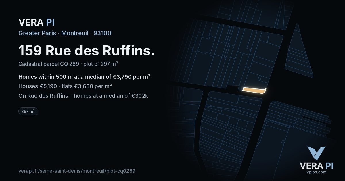 159 Rue des Ruffins, Montreuil at night – the plot lit, the parcels around coloured by the prices near them