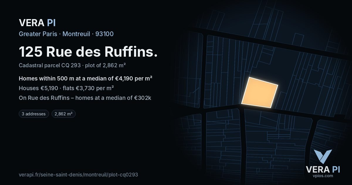 125 Rue des Ruffins, Montreuil at night – the plot lit, the parcels around coloured by the prices near them