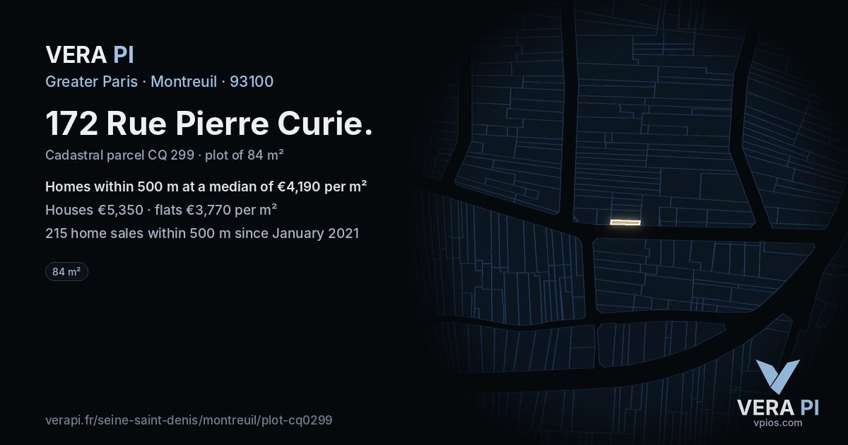 172 Rue Pierre Curie, Montreuil at night – the plot lit, the parcels around coloured by the prices near them