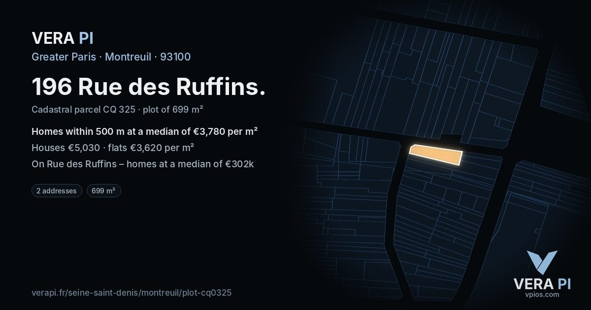 196 Rue des Ruffins, Montreuil at night – the plot lit, the parcels around coloured by the prices near them