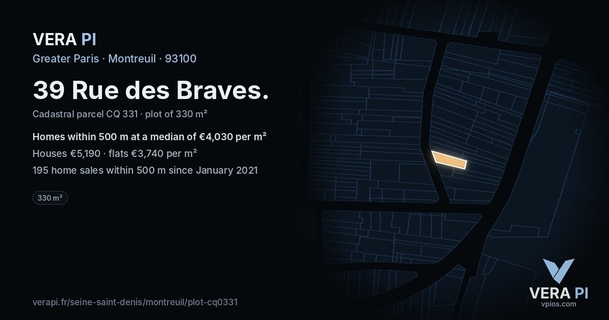 39 Rue des Braves, Montreuil at night – the plot lit, the parcels around coloured by the prices near them