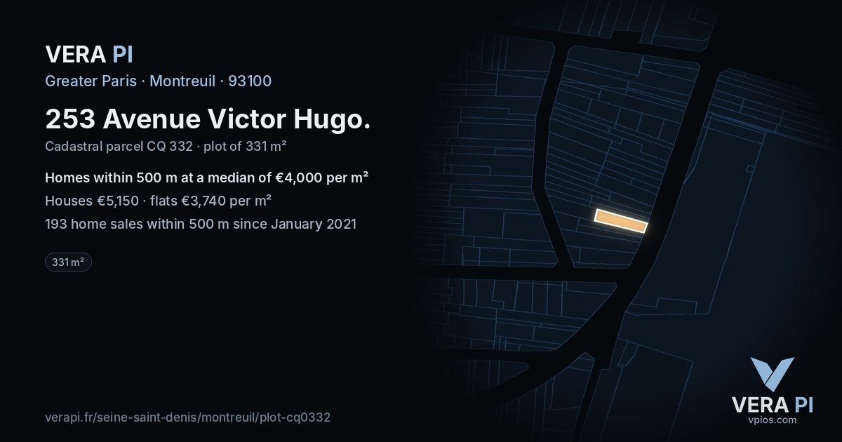 253 Avenue Victor Hugo, Montreuil at night – the plot lit, the parcels around coloured by the prices near them
