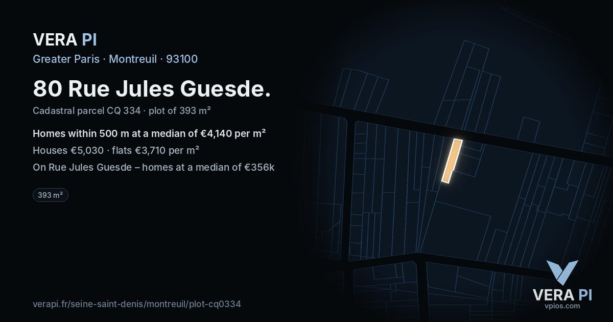 80 Rue Jules Guesde, Montreuil at night – the plot lit, the parcels around coloured by the prices near them