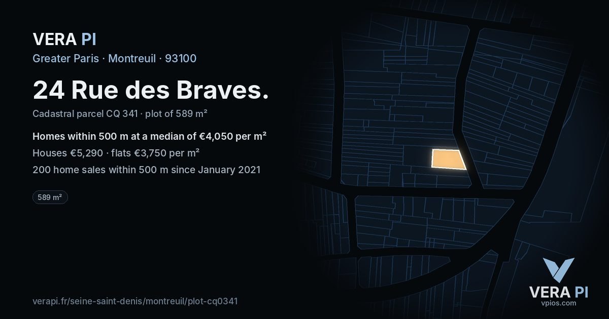 24 Rue des Braves, Montreuil at night – the plot lit, the parcels around coloured by the prices near them