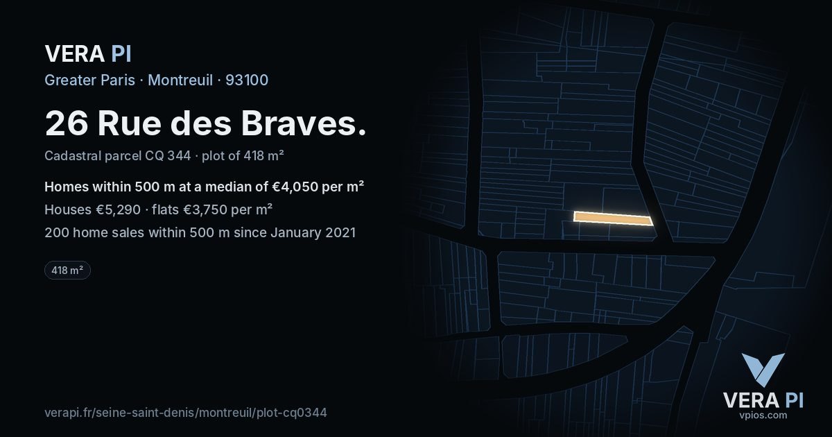 26 Rue des Braves, Montreuil at night – the plot lit, the parcels around coloured by the prices near them