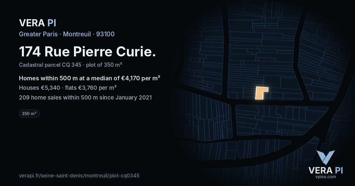 174 Rue Pierre Curie, Montreuil at night – the plot lit, the parcels around coloured by the prices near them