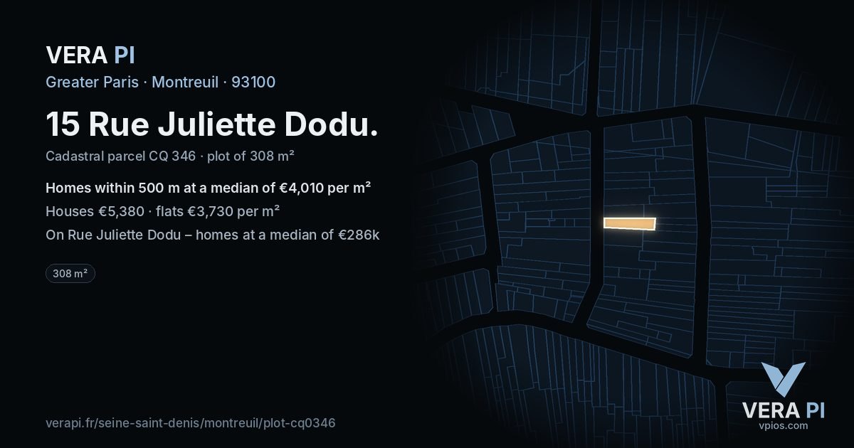 15 Rue Juliette Dodu, Montreuil at night – the plot lit, the parcels around coloured by the prices near them