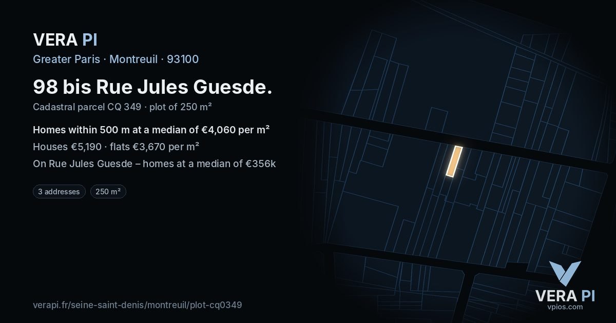 98 bis Rue Jules Guesde, Montreuil at night – the plot lit, the parcels around coloured by the prices near them