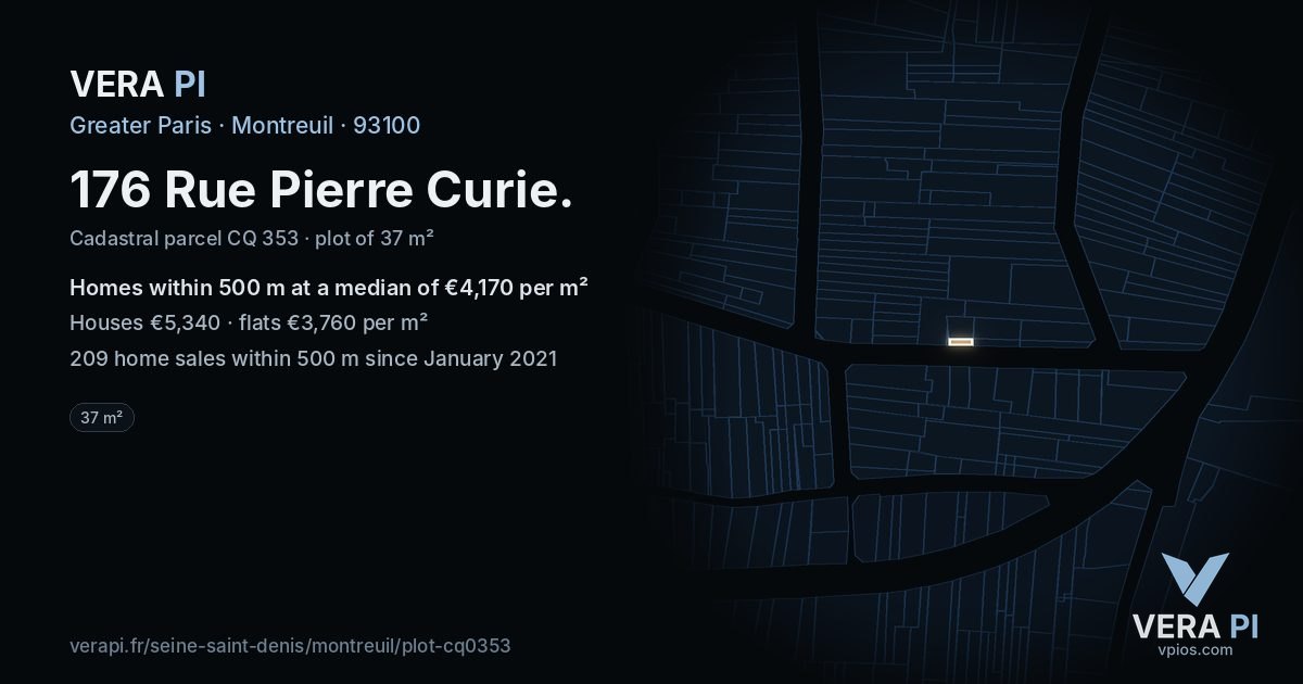 176 Rue Pierre Curie, Montreuil at night – the plot lit, the parcels around coloured by the prices near them