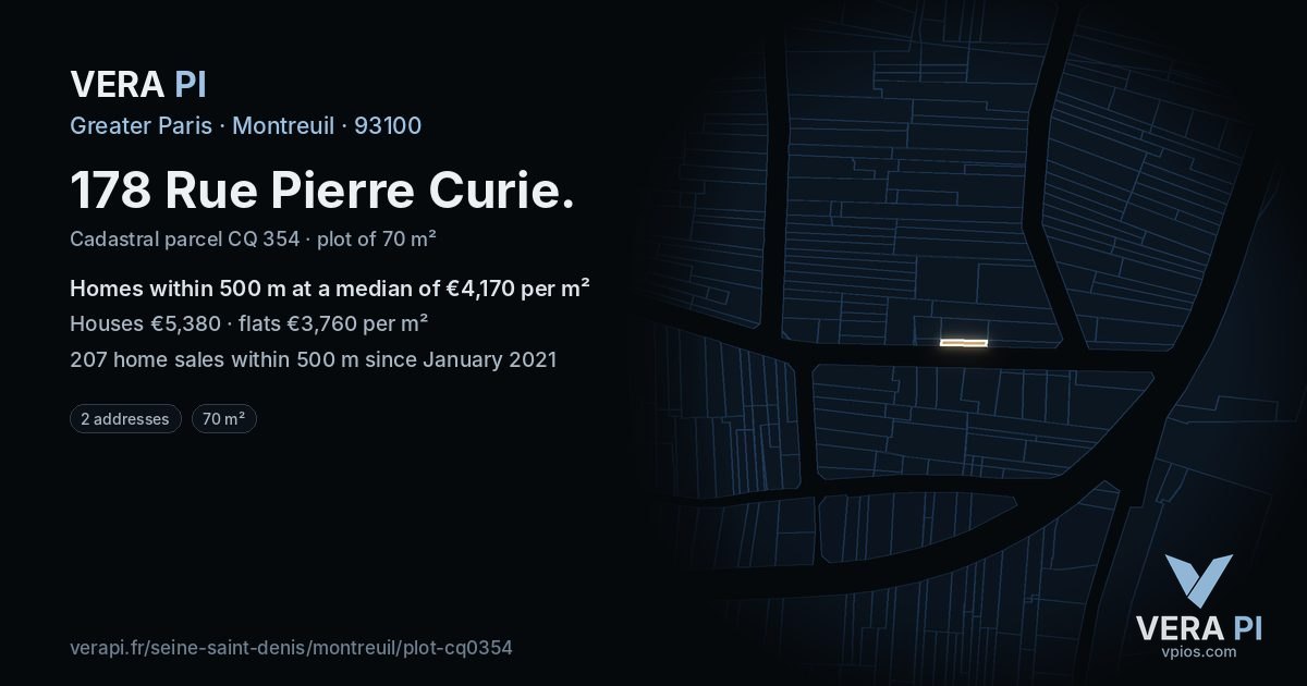 178 Rue Pierre Curie, Montreuil at night – the plot lit, the parcels around coloured by the prices near them